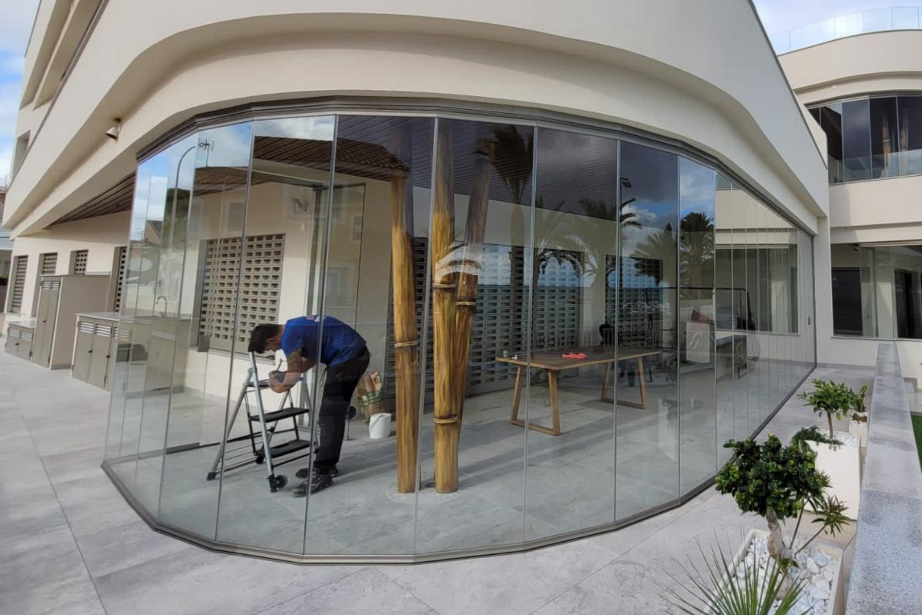 Large curved conservatory window.